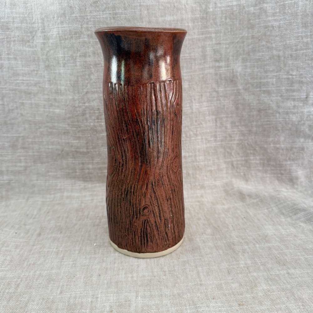Vintage Studio Pottery Vase Faux Bois Wood Grain Signed Ceramic
